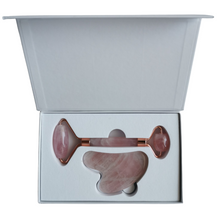 Cargar imagen en el visor de la galería, Set Rodillo Facial de Cuarzo Rosa y Gua Sha